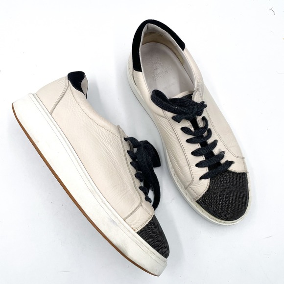 Brunello Cucinelli Leather Sneakers Monili Lace-Up Low-Top Sz 40 / 10 US Women - Picture 1 of 11